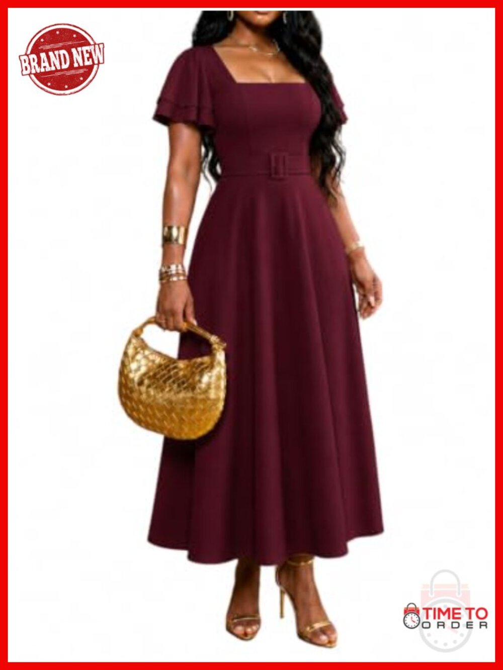 Women's Fit and Flare Square Neck Maxi Dress Ruffle Sleeve Formal